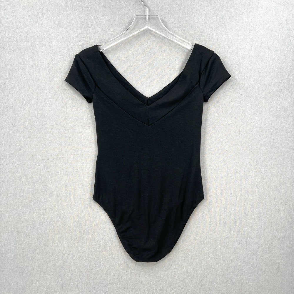 MAJE Off the Shoulder Bodysuit Womens 1 Small Black Double V-neck Short Sleeve - Picture 3 of 15